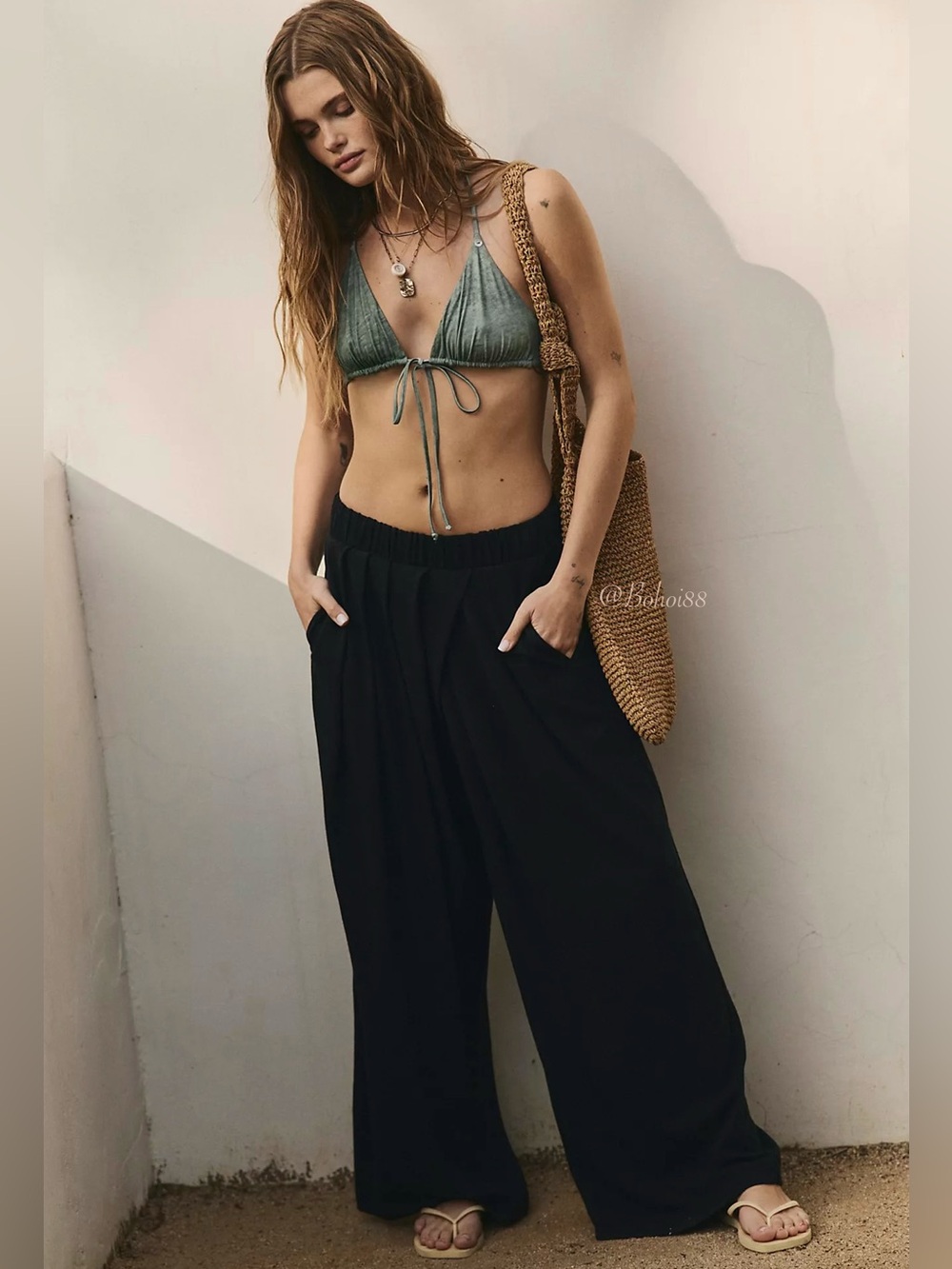 NWT Free People Sloane Free-Est Wide Leg Pleated Jersey Pants Wrap Waist
